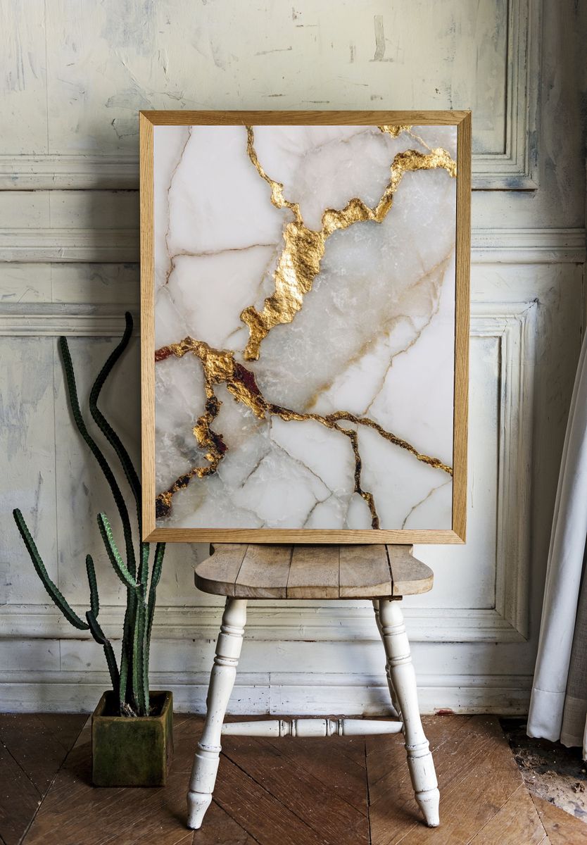 Gold Veined Marble Abstract Print. room preview