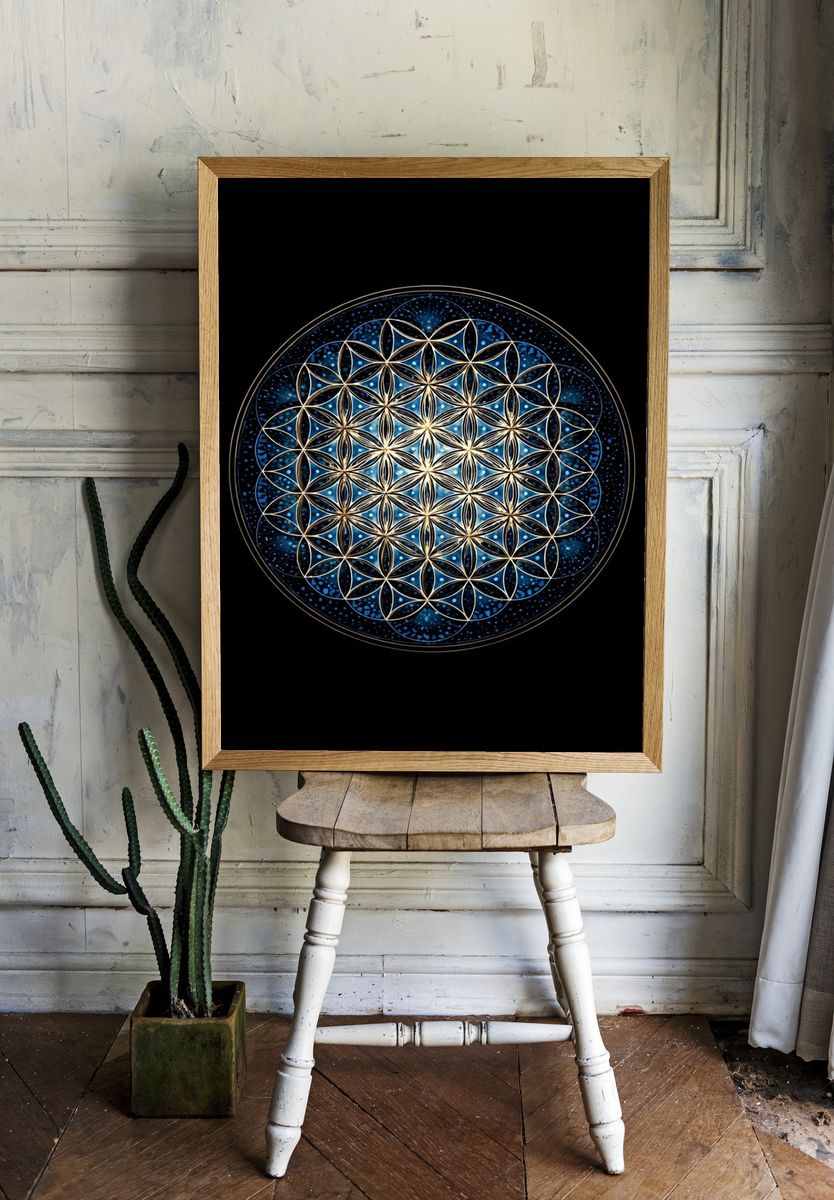 Blue Sacred Geometry Mandala Poster. — room view 1