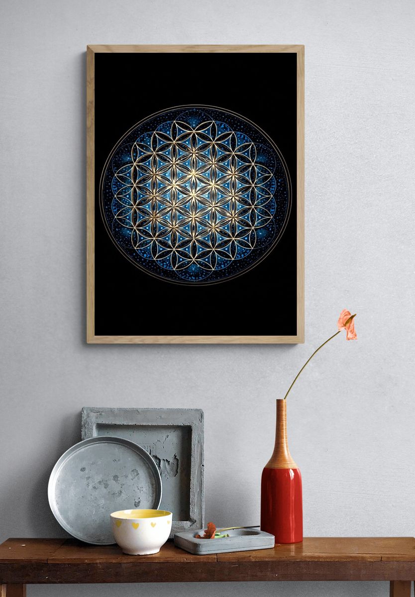 Blue Sacred Geometry Mandala Poster. — room view 3