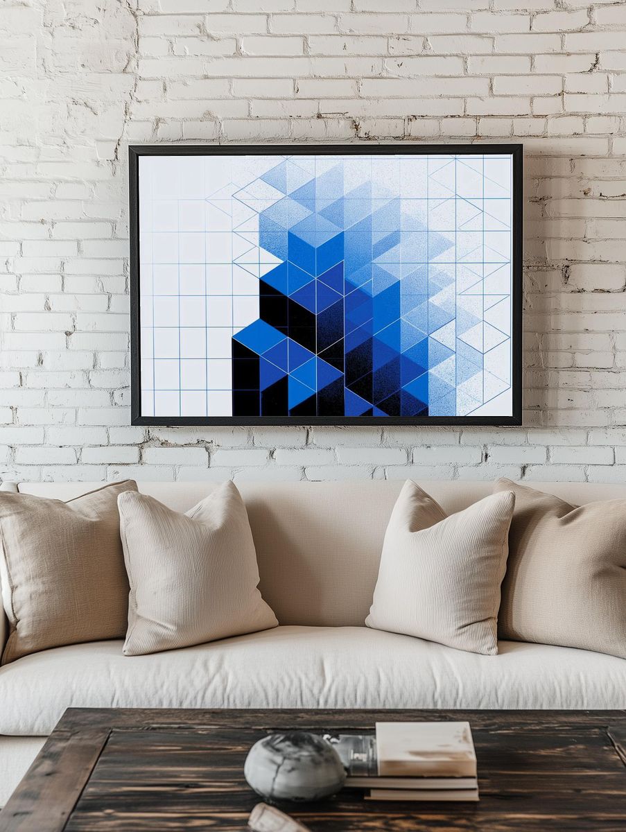 Blue Geometric Cube Abstract Poster. room preview