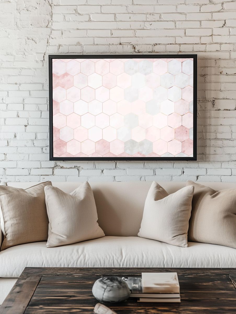 Hexagon pink marble tiles patterned. — room view 1