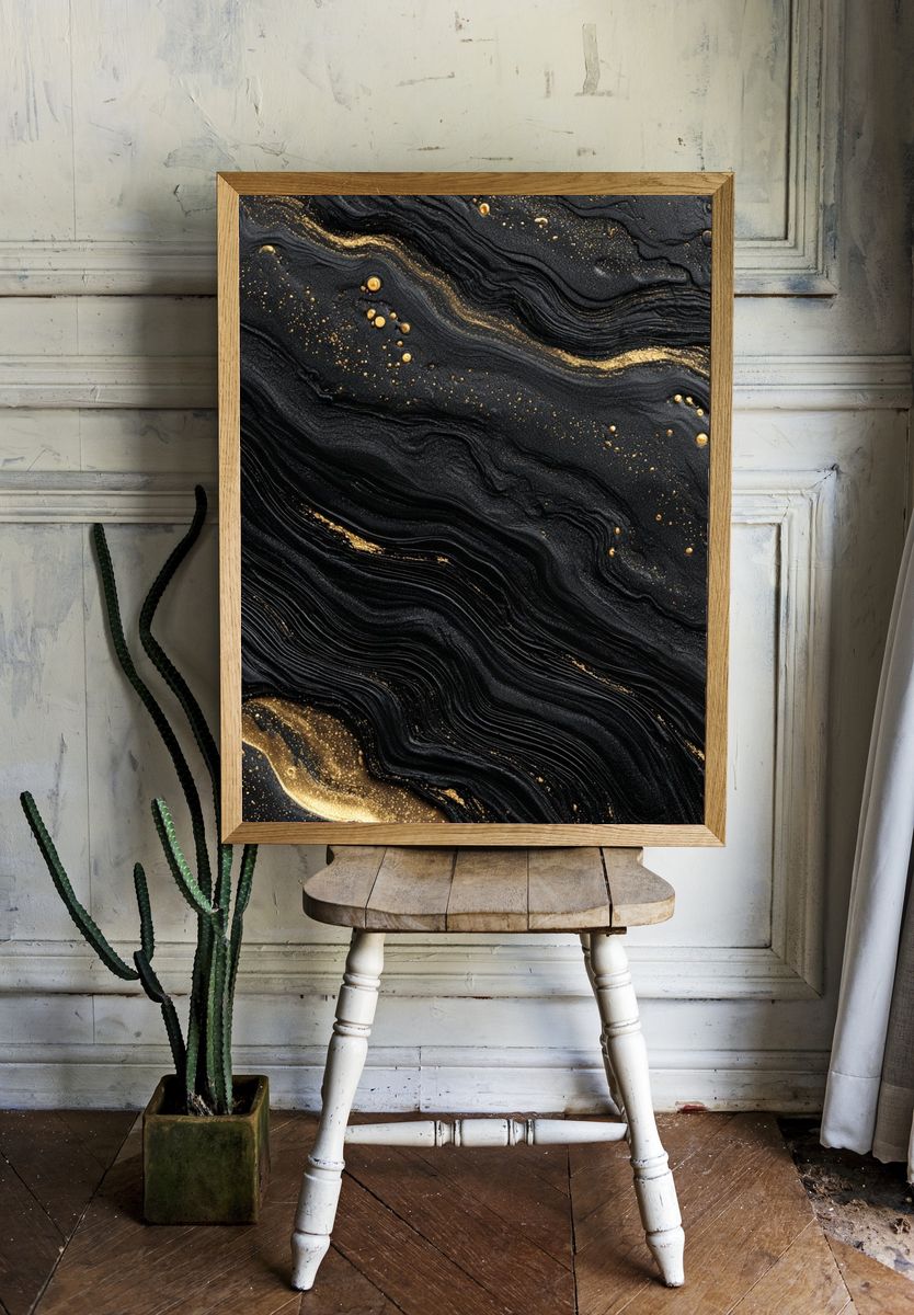 Black Gold Marble Abstract Poster. — room view 1