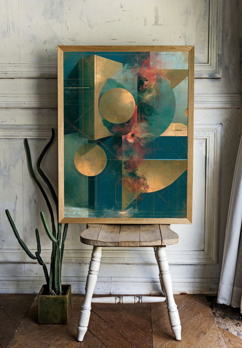 Geometric Teal Gold Abstract Poster. room preview