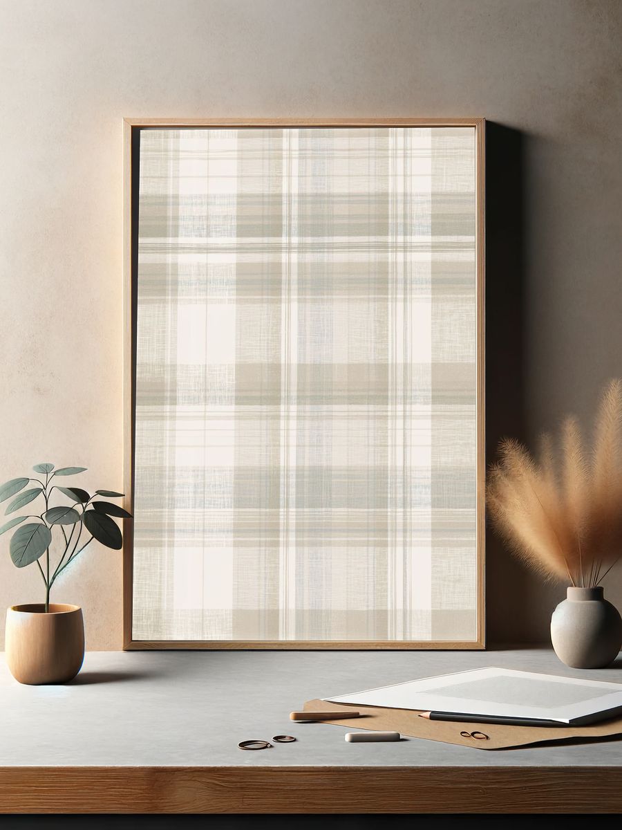 Neutral Plaid Texture Abstract Print. — room view 2