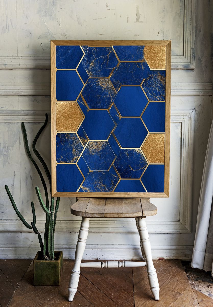 Blue Gold Hexagon Abstract Poster. room preview
