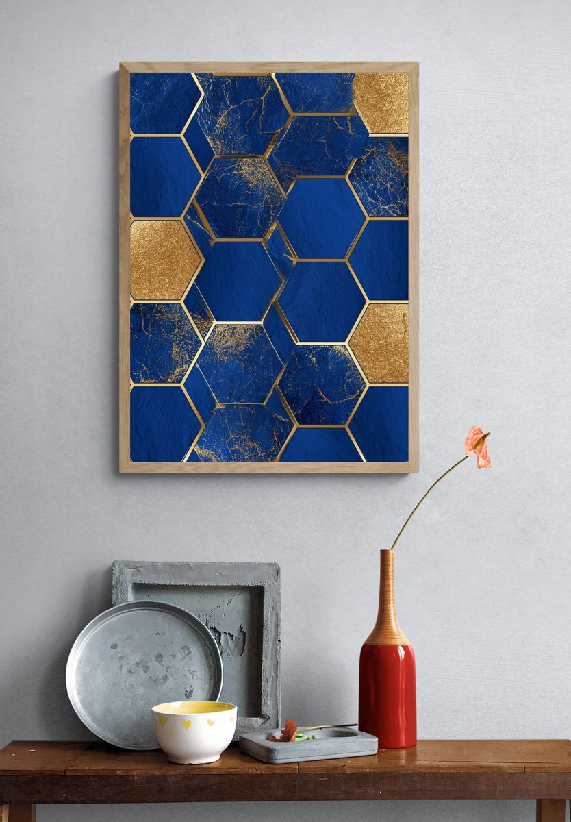 Blue Gold Hexagon Abstract Poster. — room view 3