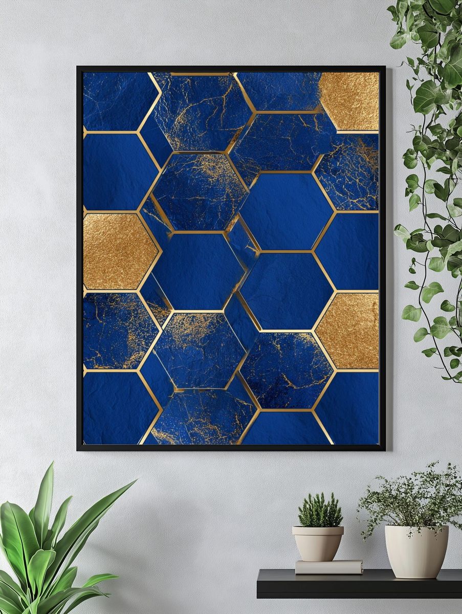 Blue Gold Hexagon Abstract Poster. — room view 4