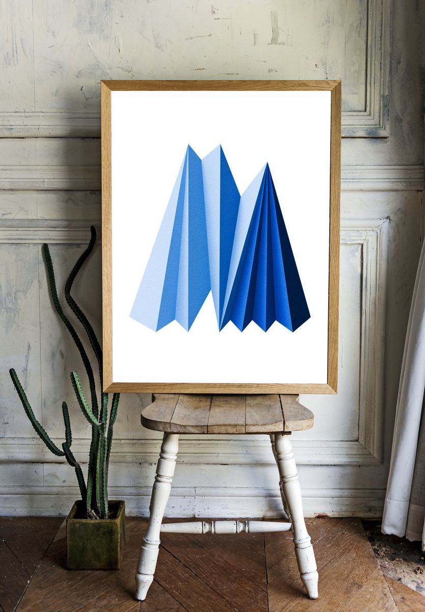 Blue Geometric Folded Abstract Poster. — room view 1