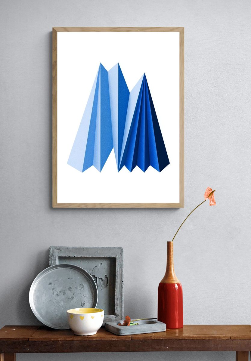 Blue Geometric Folded Abstract Poster. — room view 3