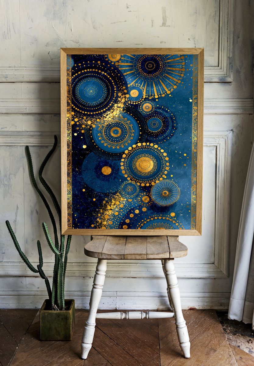 Celestial Blue Gold Abstract Poster. — room view 1