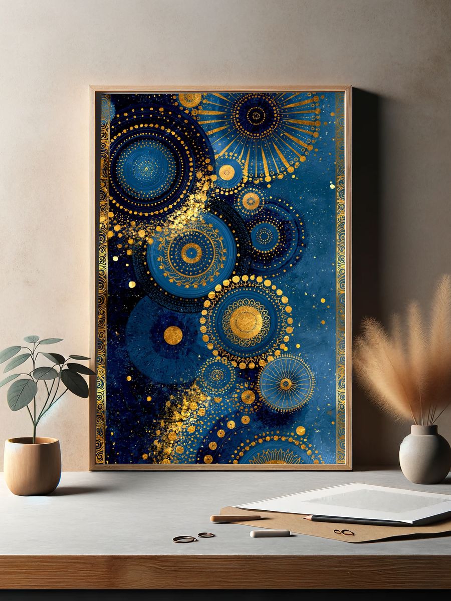 Celestial Blue Gold Abstract Poster. — room view 2