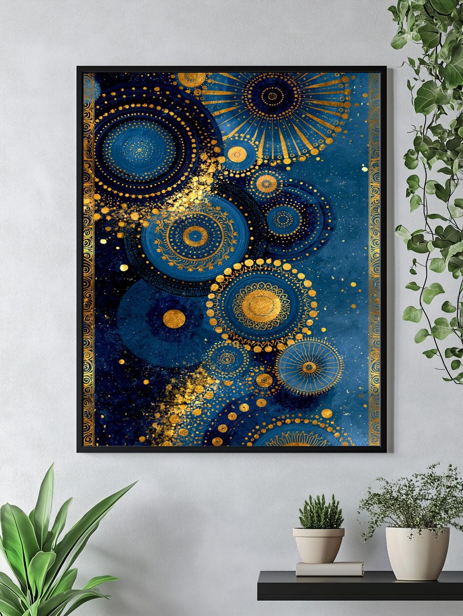 Celestial Blue Gold Abstract Poster. — room view 4