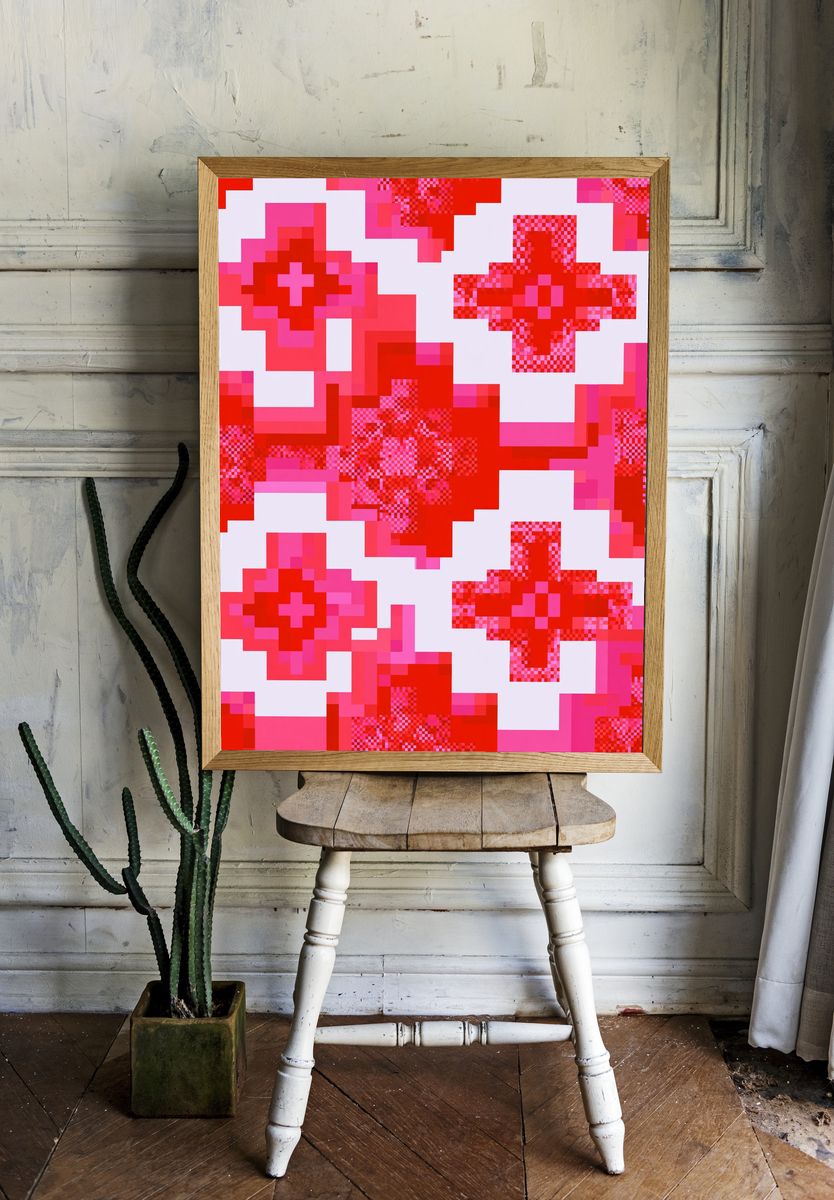 Pixel Cross Pattern Abstract Poster. — room view 1