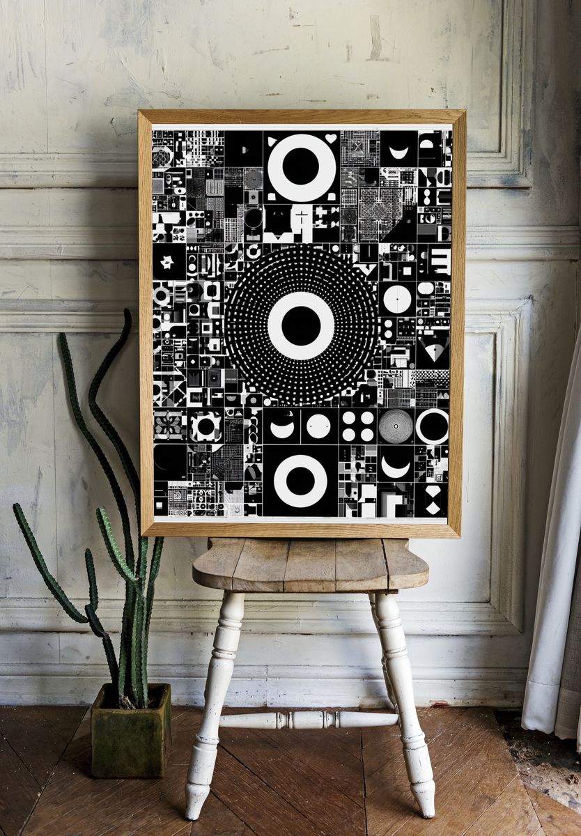 Monochrome Geometric Collage Poster. room preview