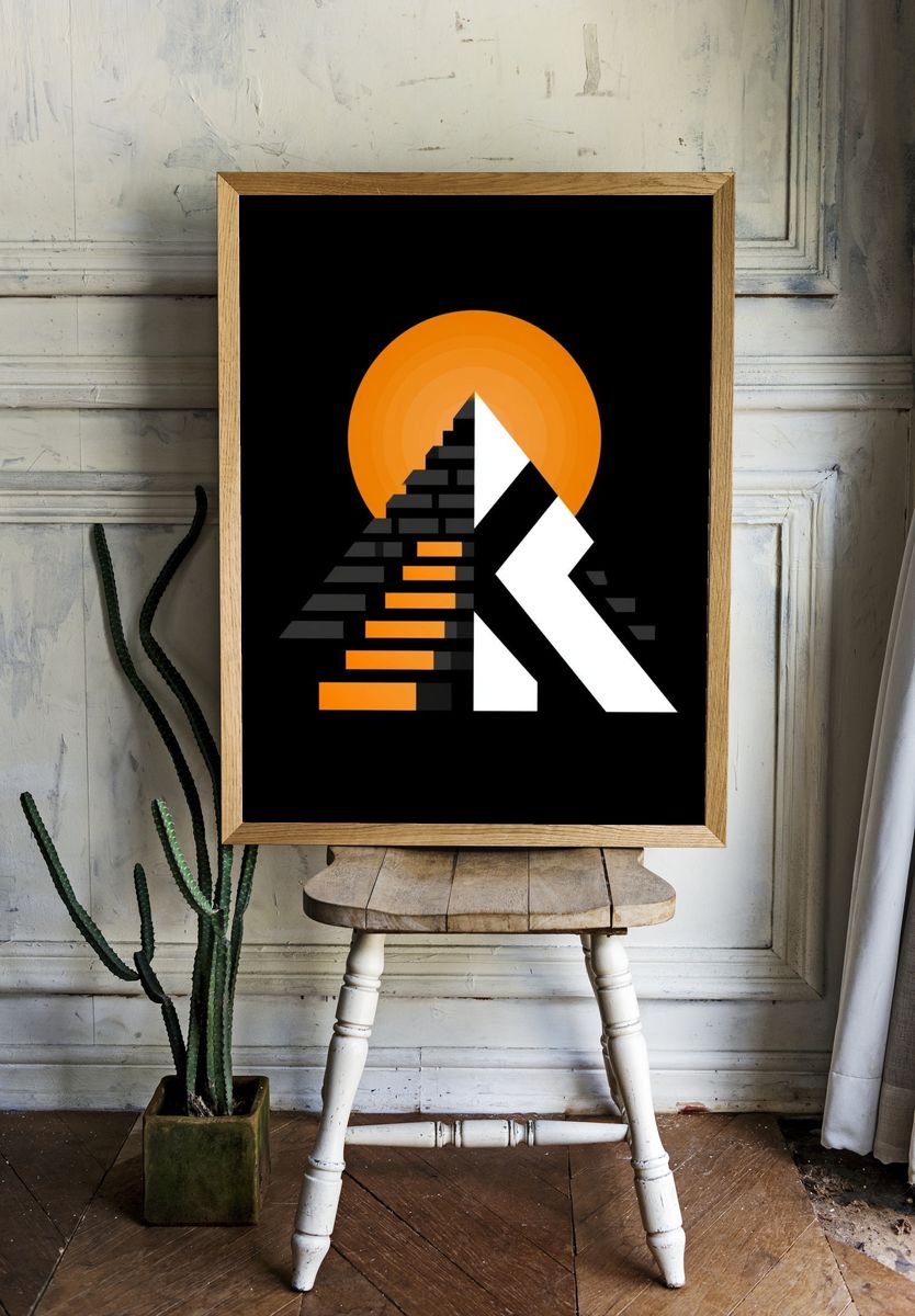 Geometric Pyramid Sunset Poster. — room view 1