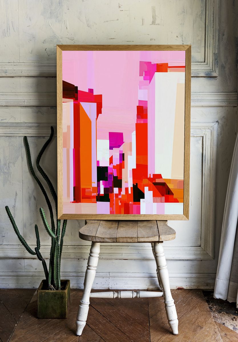Pink City Blocks Abstract Poster. — room view 1
