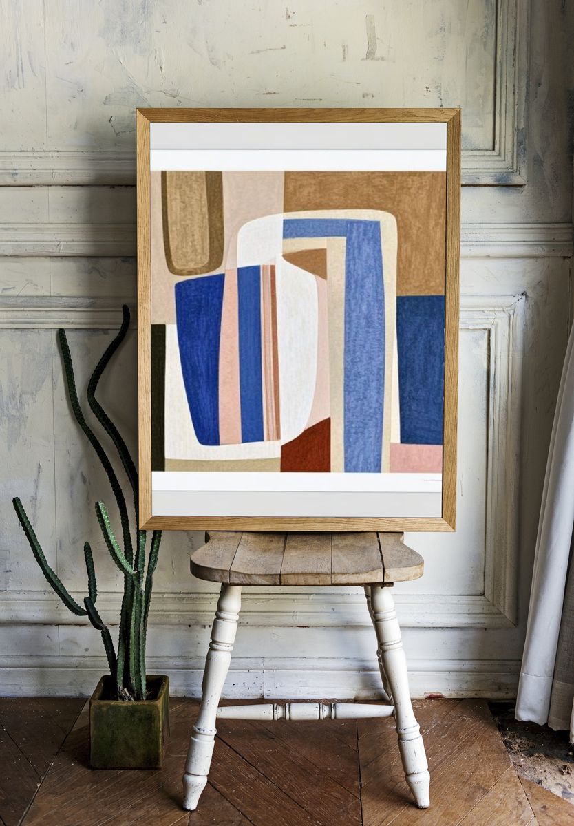 Geometric Blue and Beige Abstract Poster. — room view 1