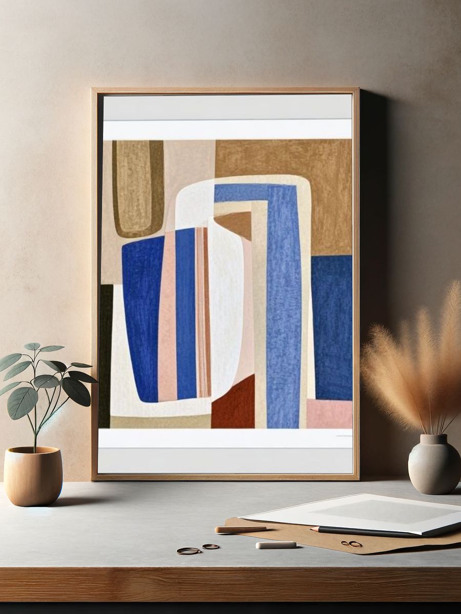Geometric Blue and Beige Abstract Poster. — room view 2