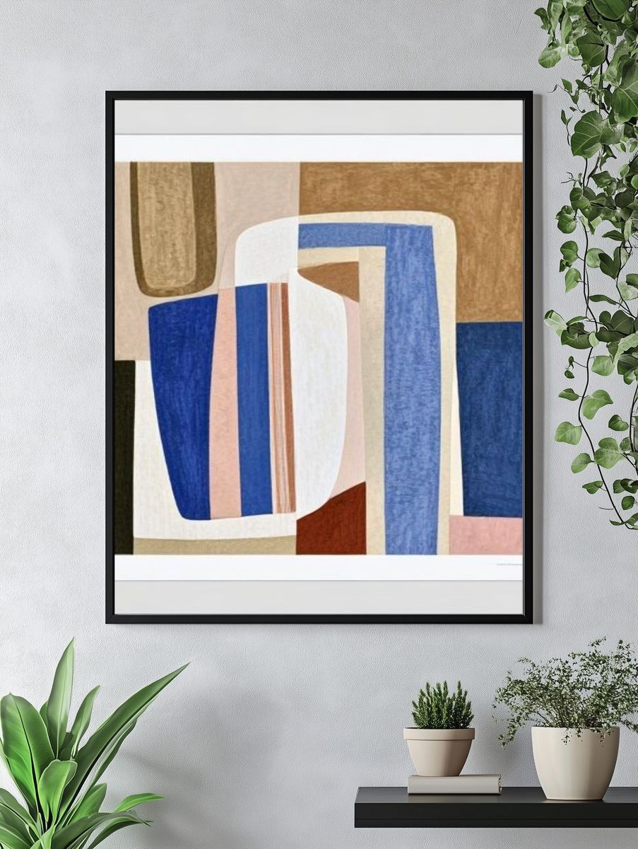 Geometric Blue and Beige Abstract Poster. — room view 4