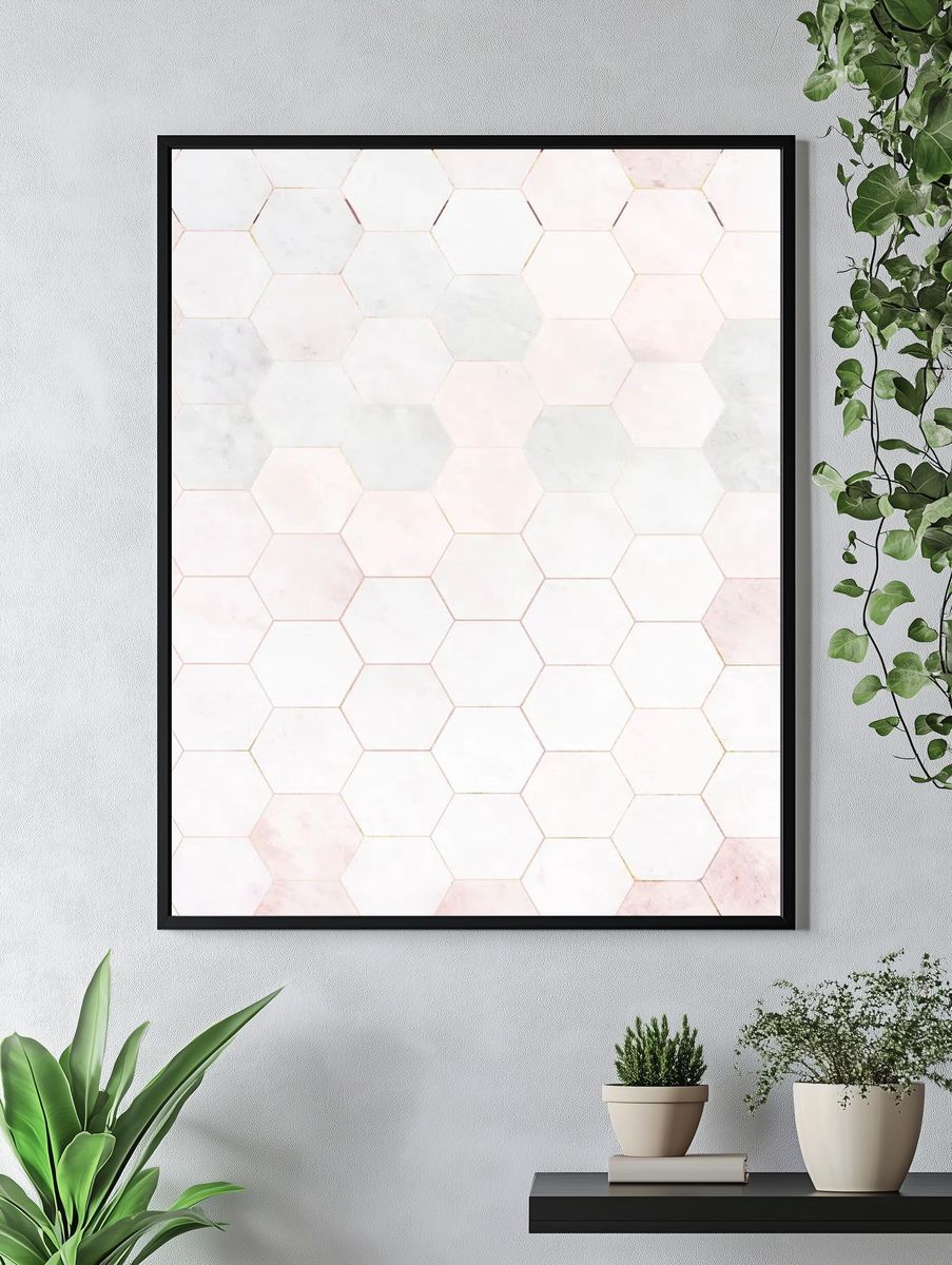Hexagon pink marble tiles patterned. — room view 4