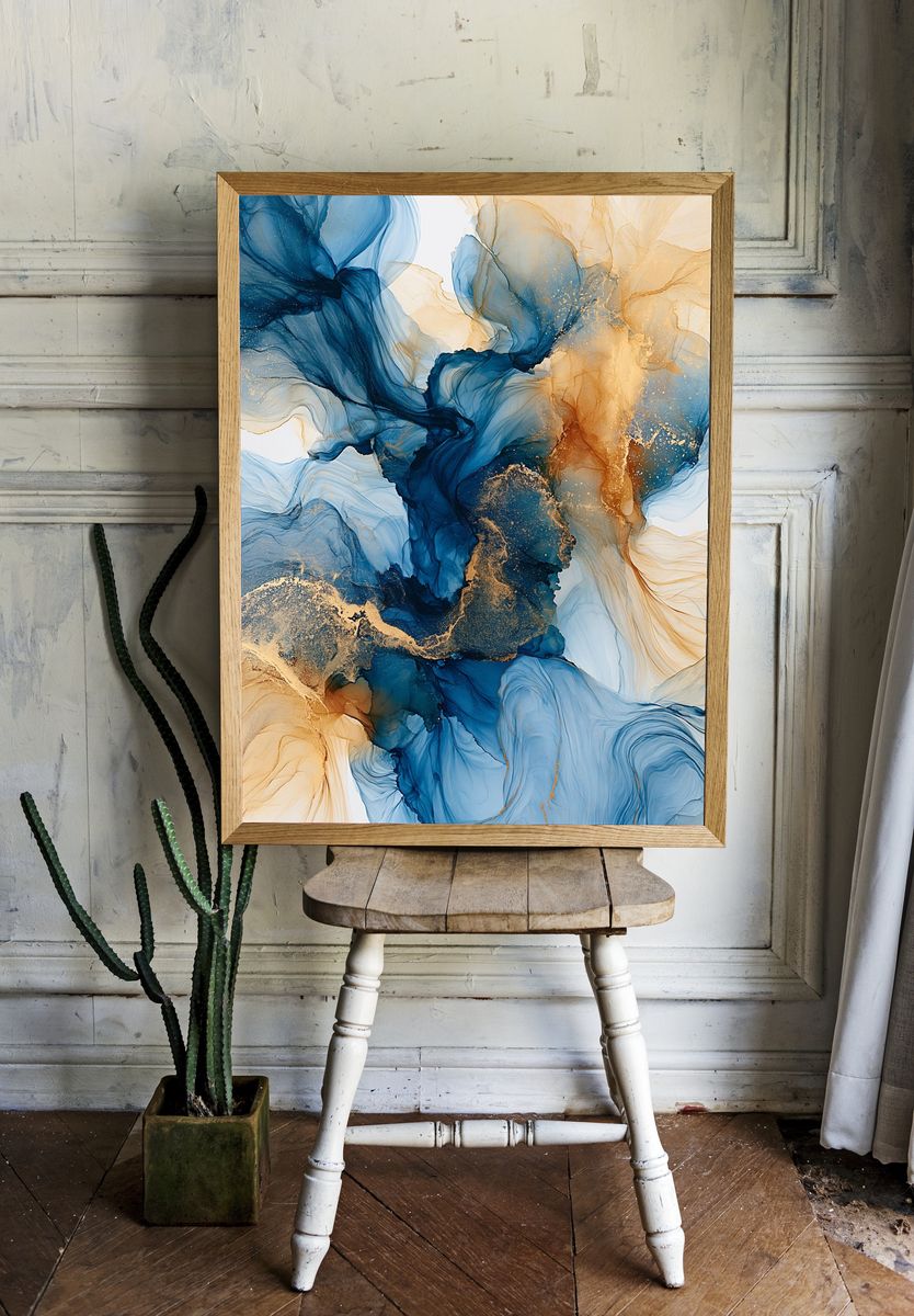 Blue and Gold Fluid Abstract Poster. — room view 1