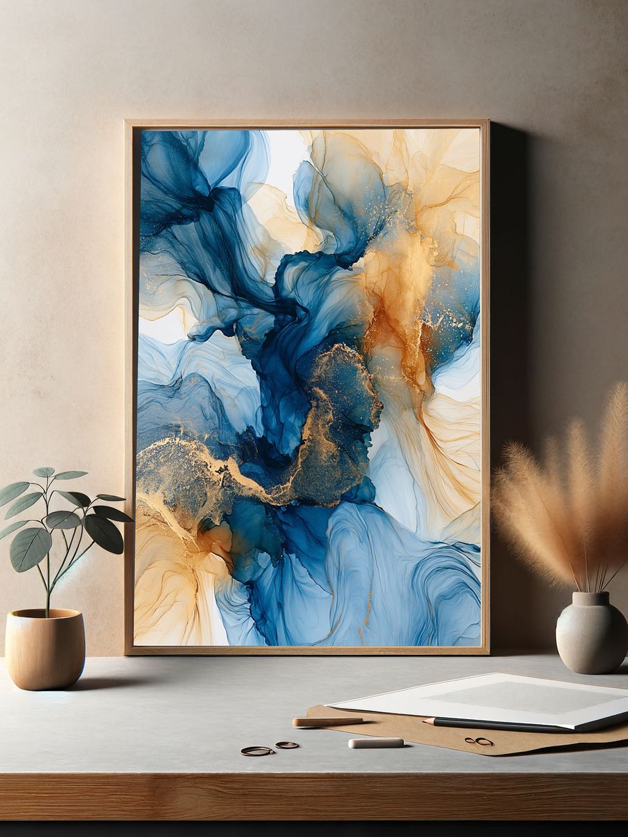 Blue and Gold Fluid Abstract Poster. — room view 2