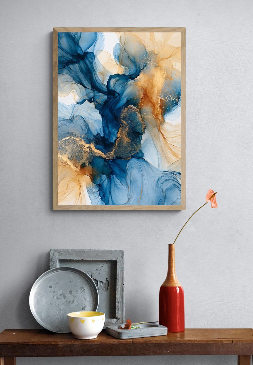Blue and Gold Fluid Abstract Poster. — room view 3