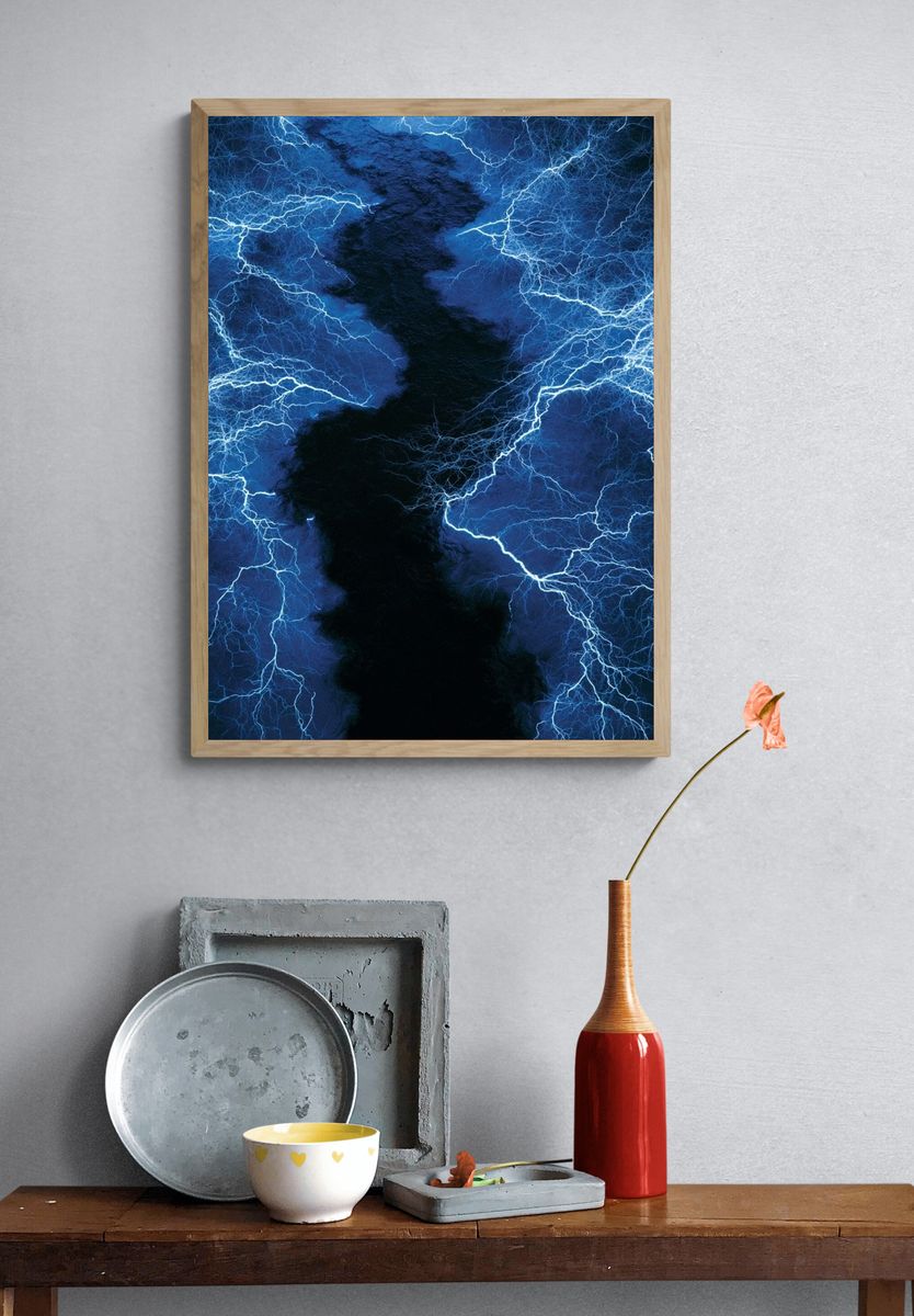 Electric Blue Lightning Abstract Poster. — room view 3