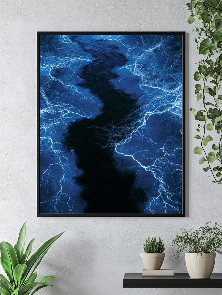 Electric Blue Lightning Abstract Poster. — room view 4