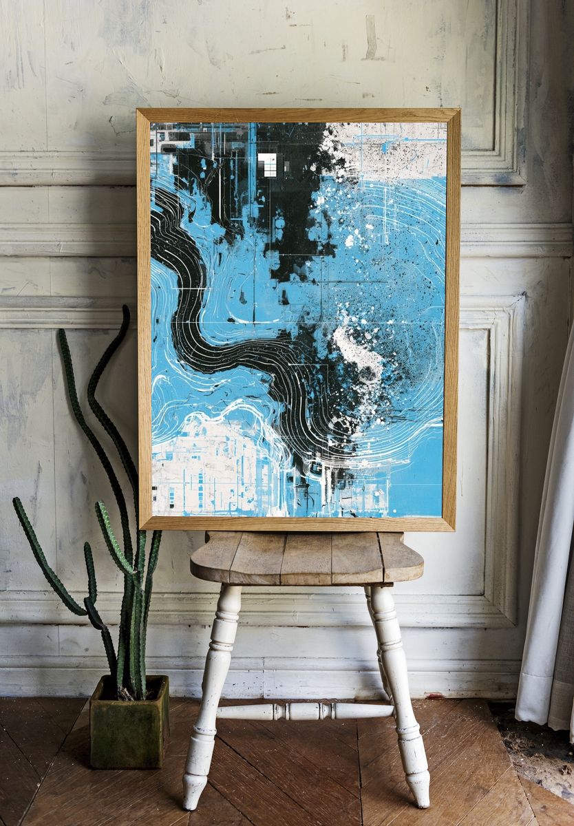 Blue Flow Abstract Poster. room preview