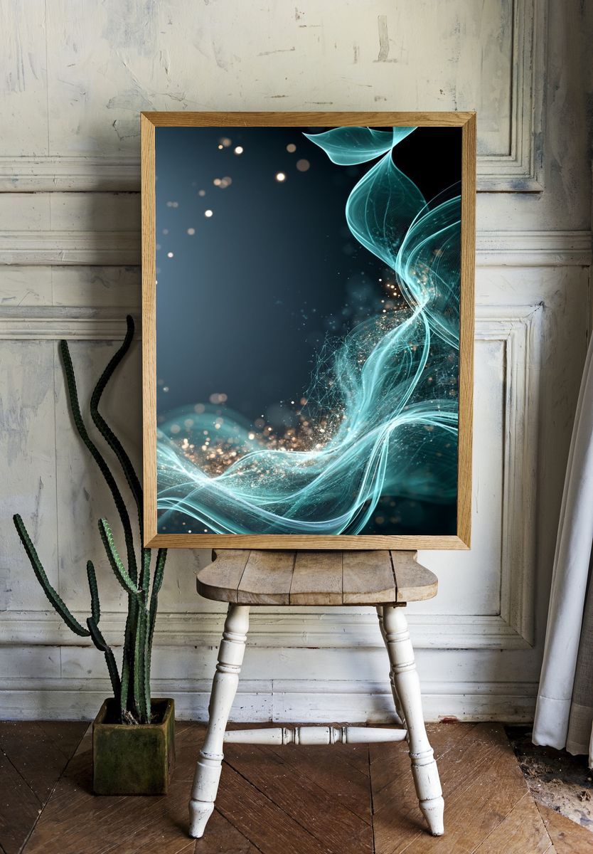 Aqua Light Waves Abstract Poster. — room view 1