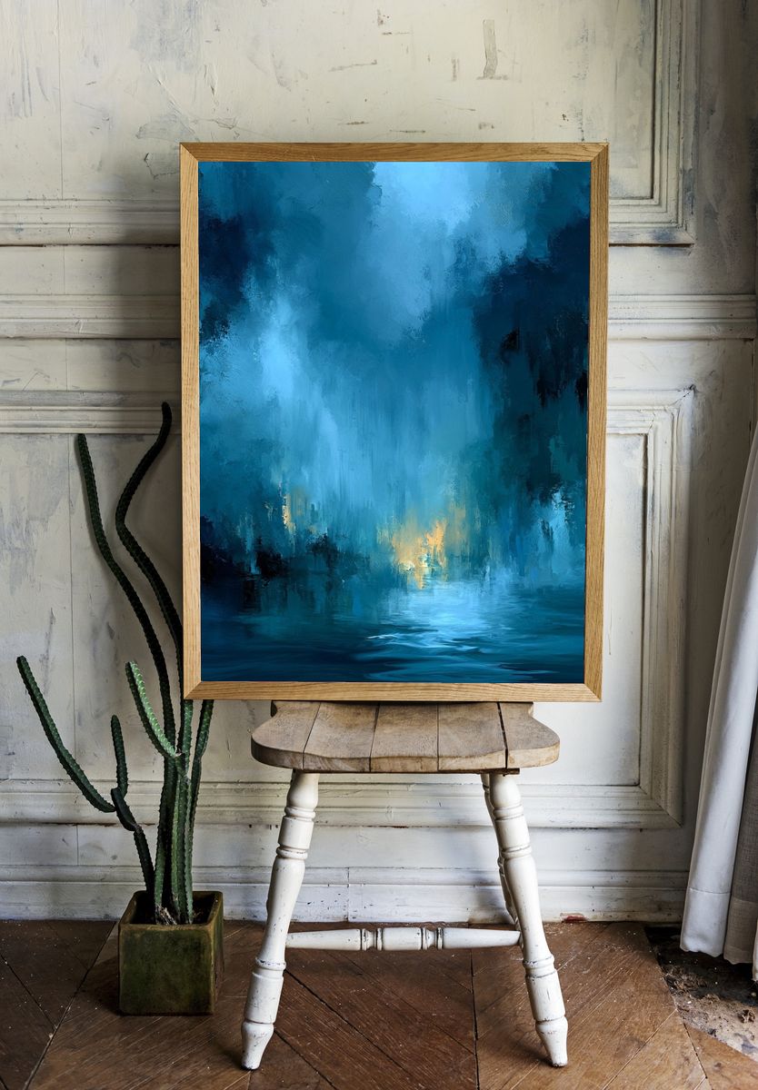 Blue Misty Canyon Abstract Print. — room view 1