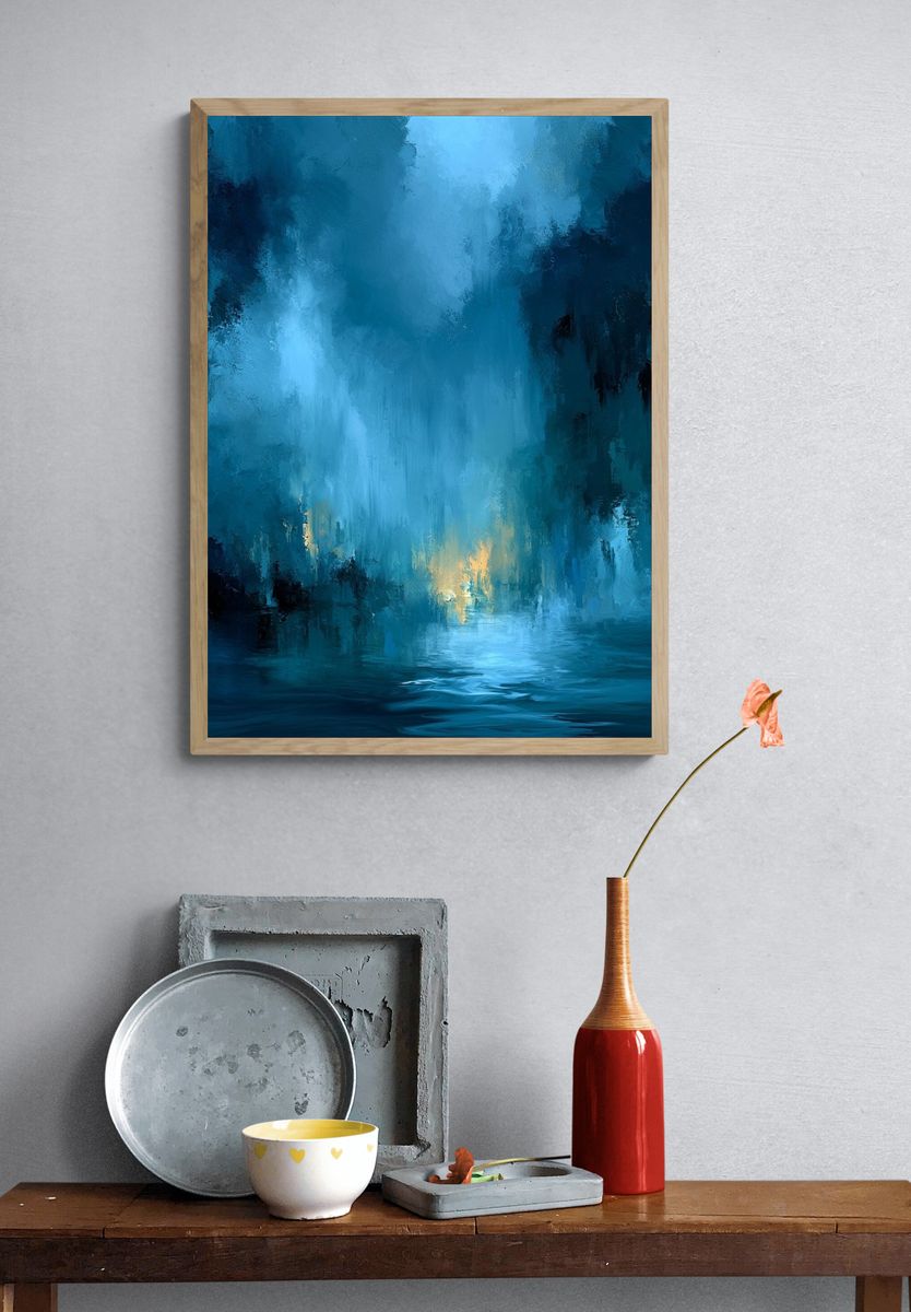 Blue Misty Canyon Abstract Print. — room view 3