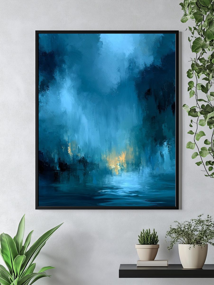Blue Misty Canyon Abstract Print. — room view 4