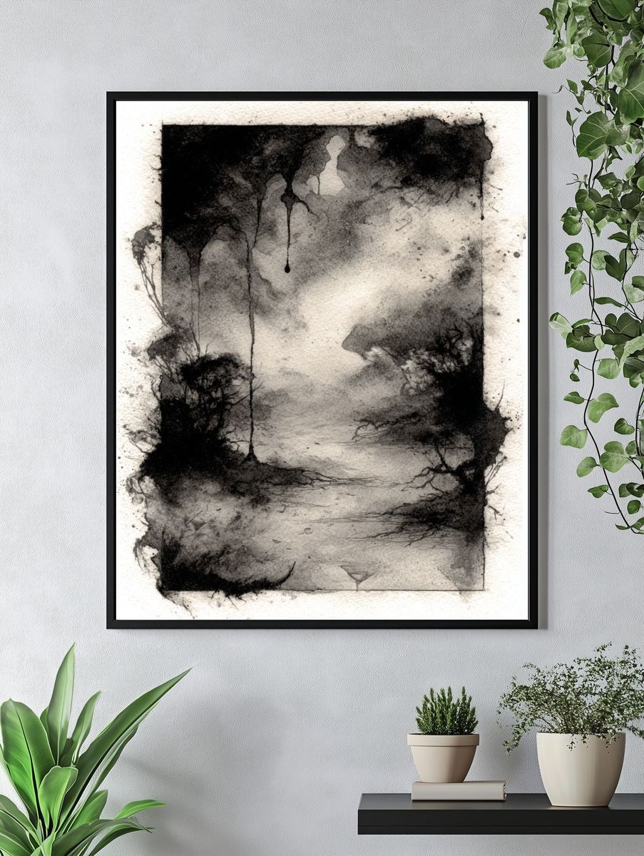 Monochrome Ink Wash Abstract Poster. — room view 4