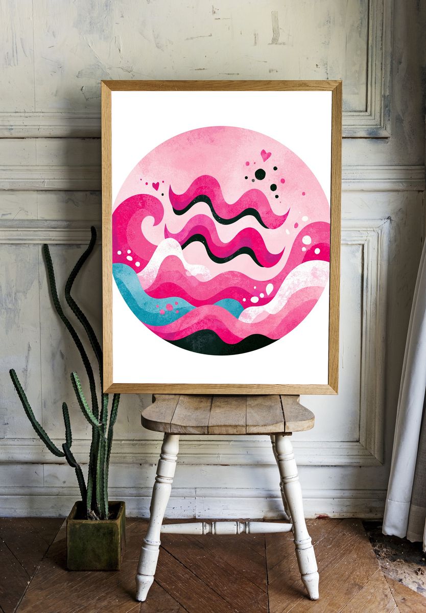 Pink Cosmic Waves Abstract Poster. — room view 1