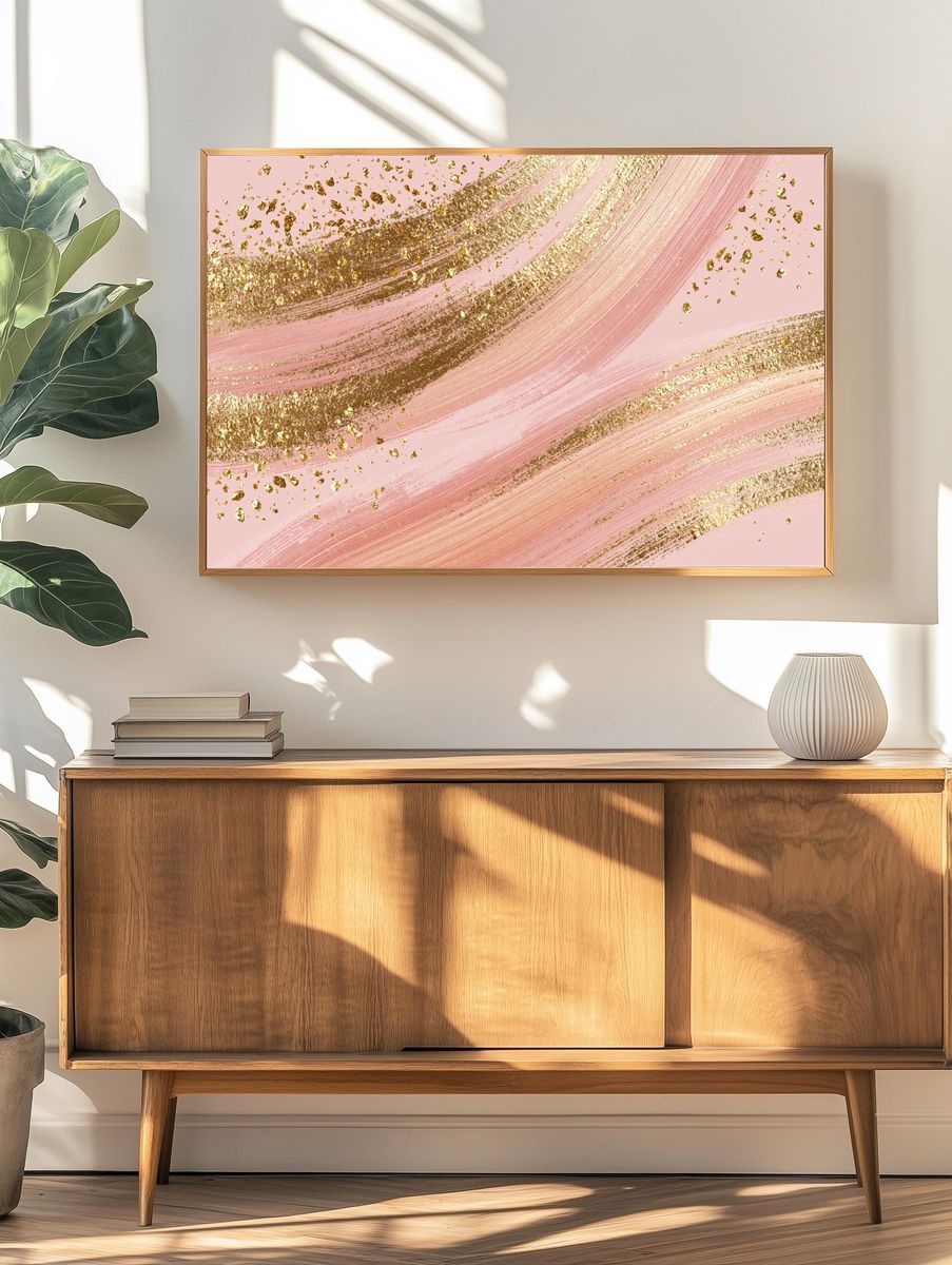 Pink Gold Brushstroke Abstract Poster. — room view 3