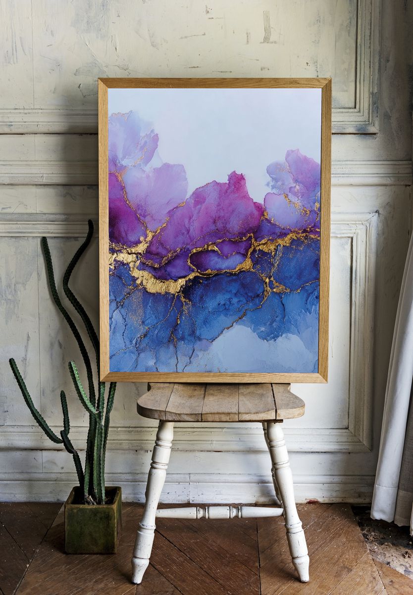Purple Blue Gold Abstract Poster room preview