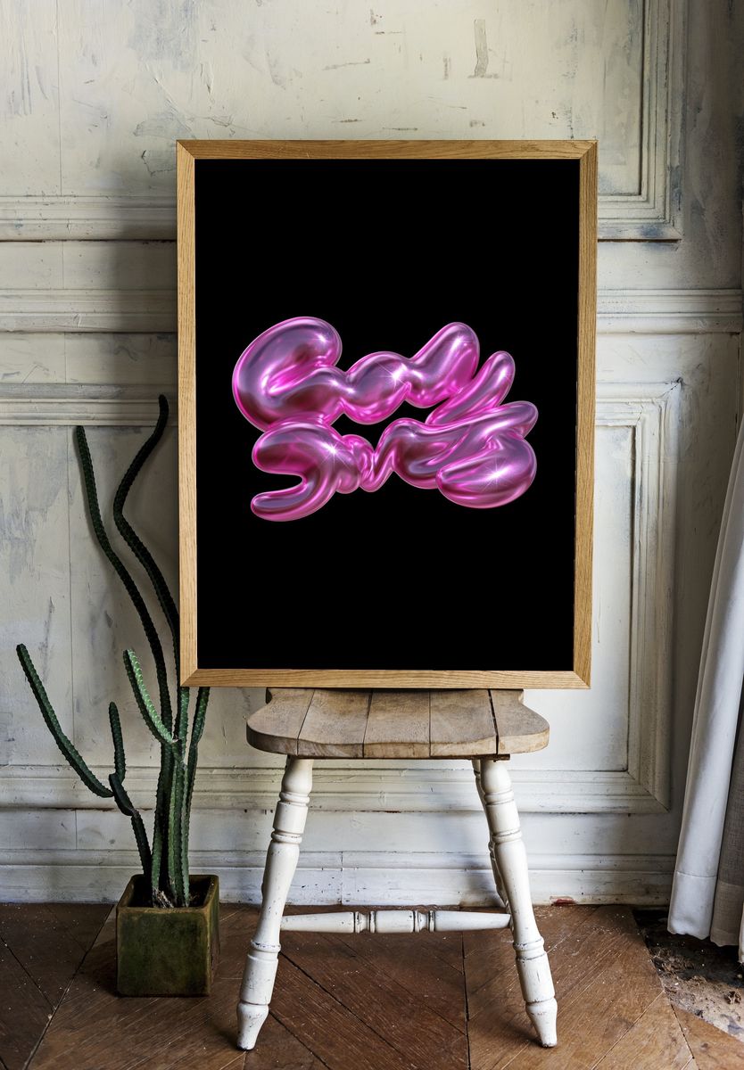 Glossy Pink Abstract Blob Poster. — room view 1