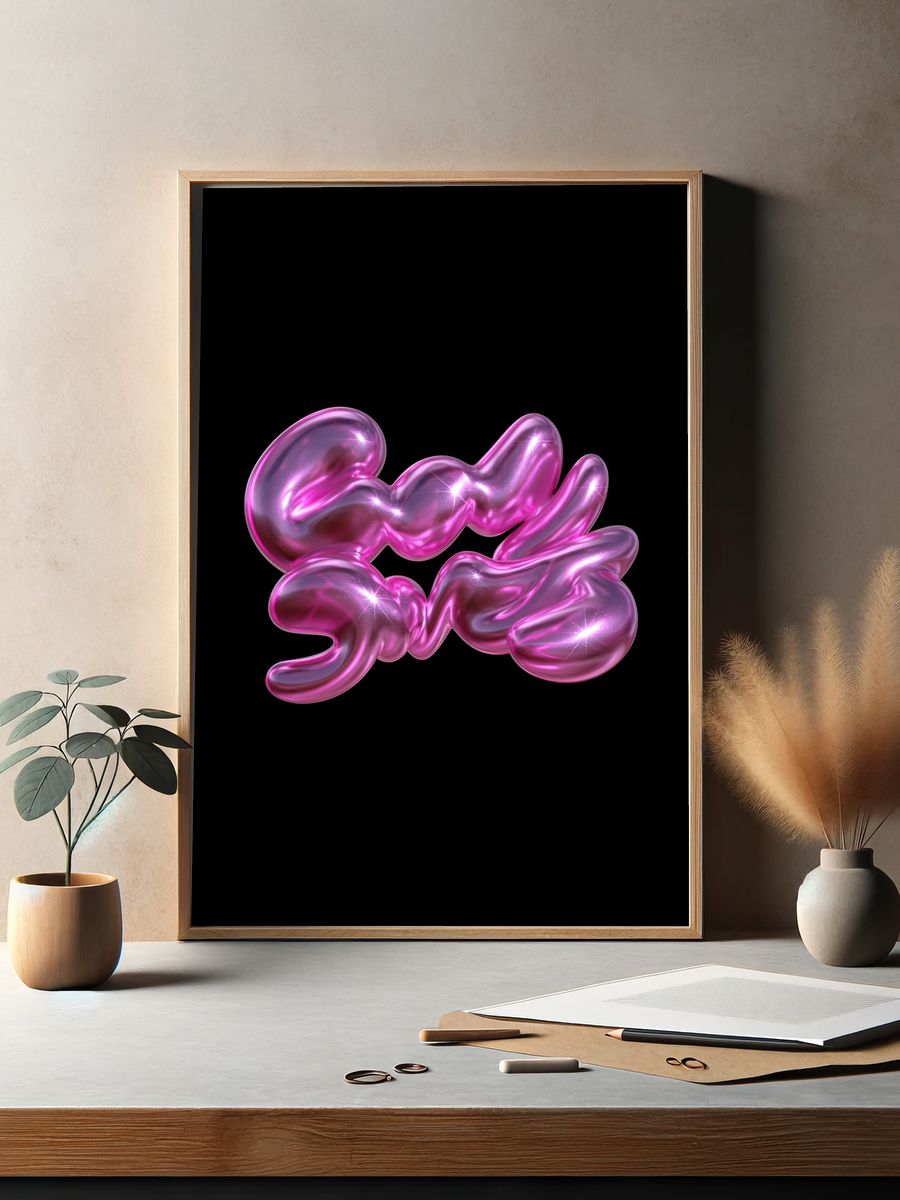 Glossy Pink Abstract Blob Poster. — room view 2