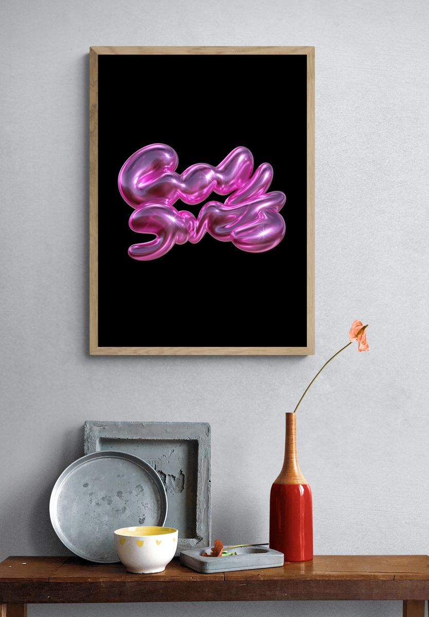 Glossy Pink Abstract Blob Poster. — room view 3