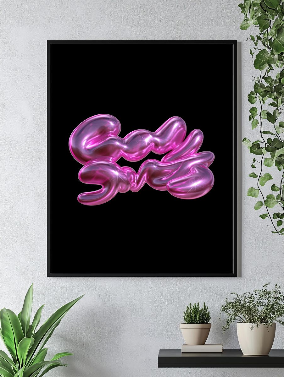 Glossy Pink Abstract Blob Poster. — room view 4
