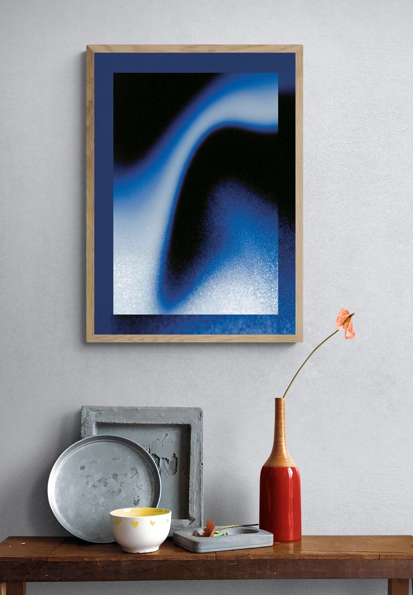 Blue Neon Wave Abstract Print. — room view 3