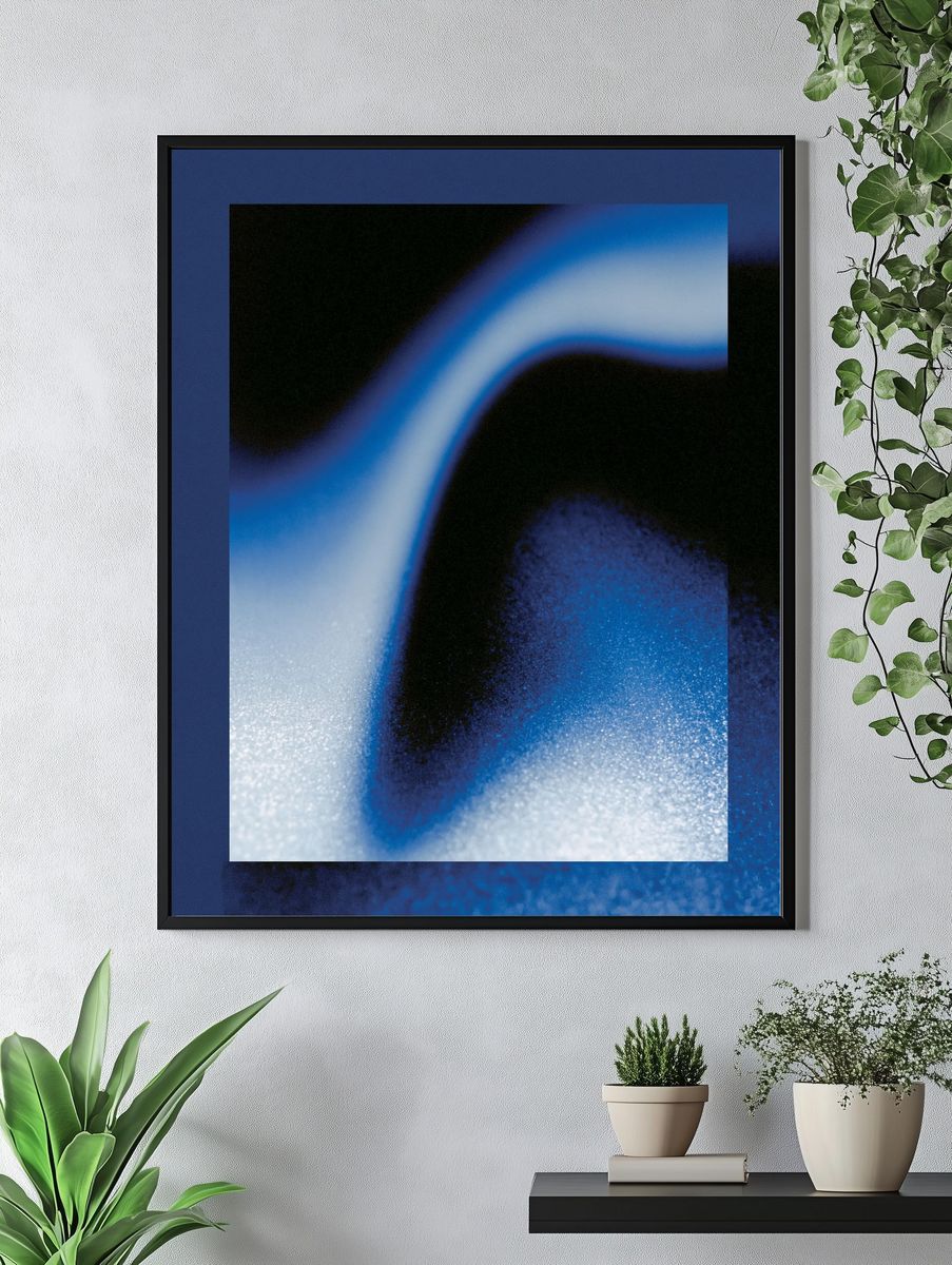 Blue Neon Wave Abstract Print. — room view 4