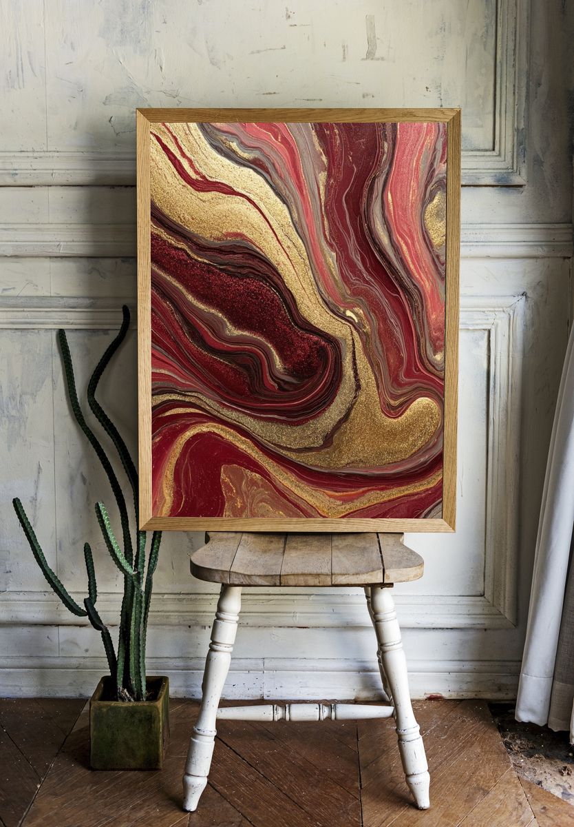 Crimson Gold Marbled Abstract Poster. room preview