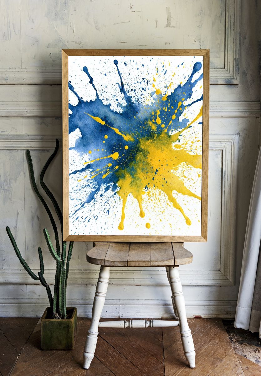 Blue and Yellow Splash Abstract Poster. — room view 1
