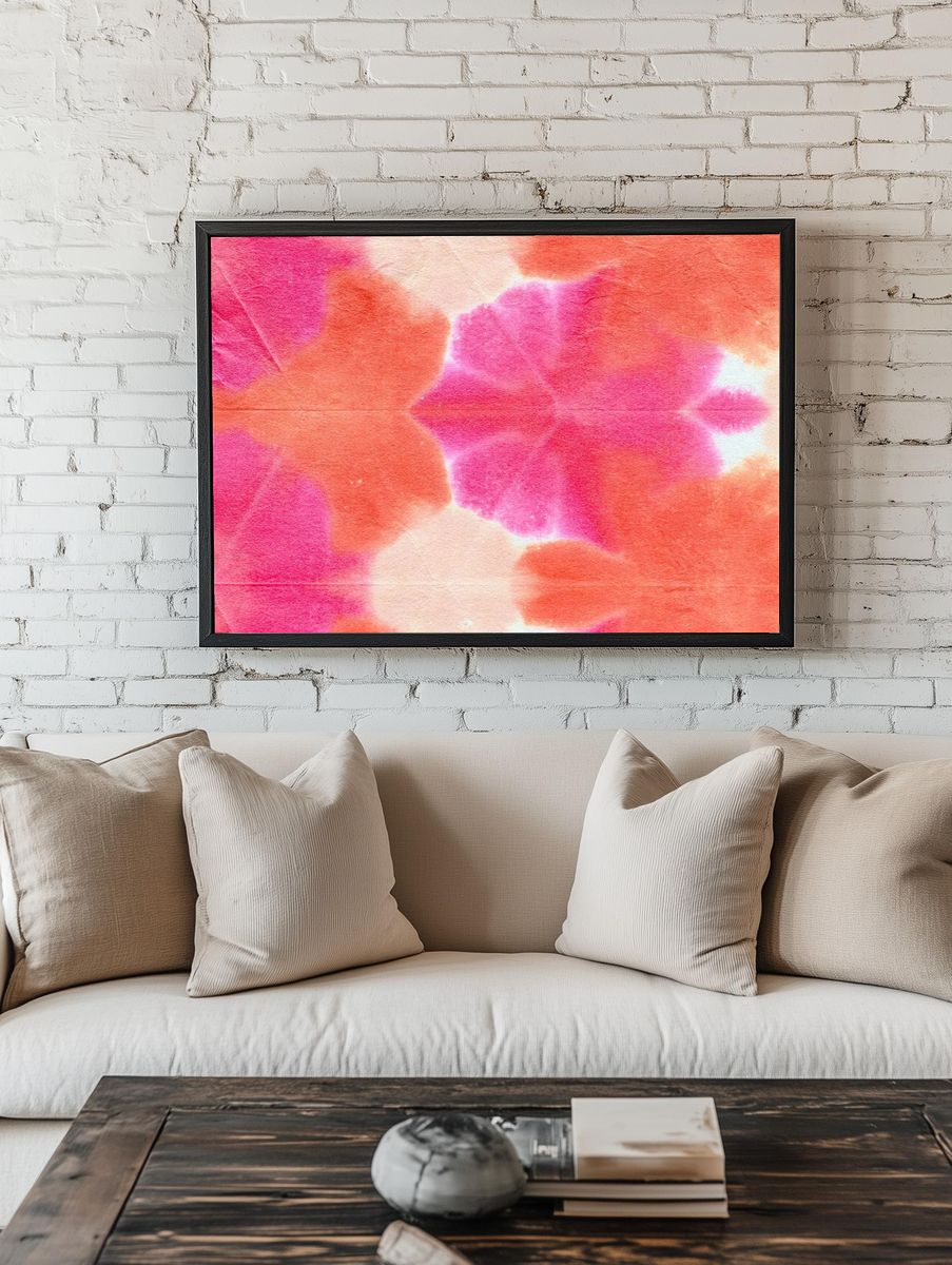 Orange pink shibori patterned background. — room view 1