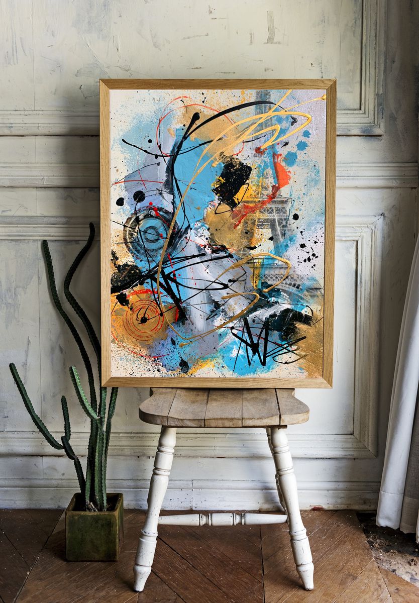 Blue Gold Abstract Expressionism Poster. — room view 1