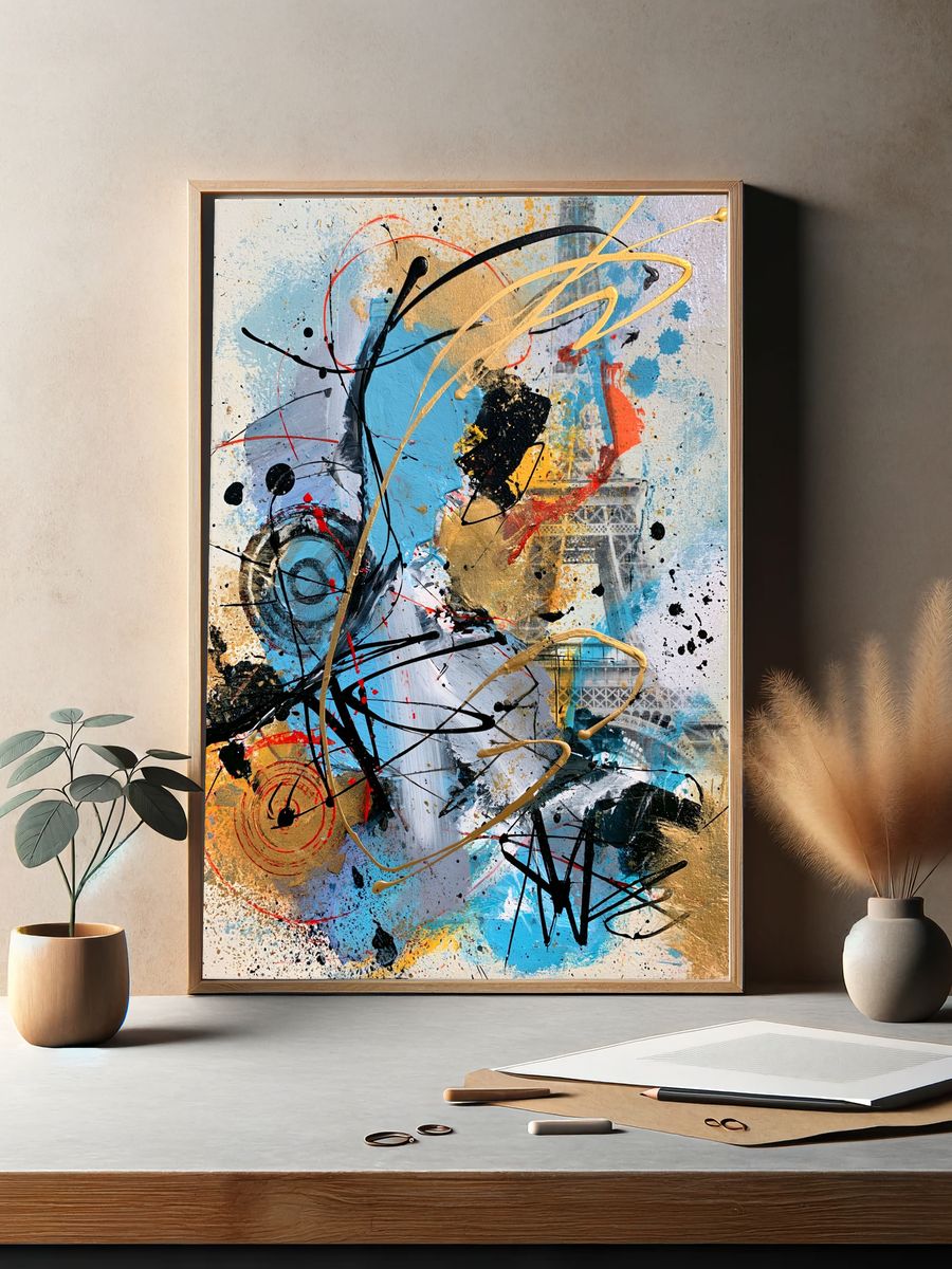 Blue Gold Abstract Expressionism Poster. — room view 2