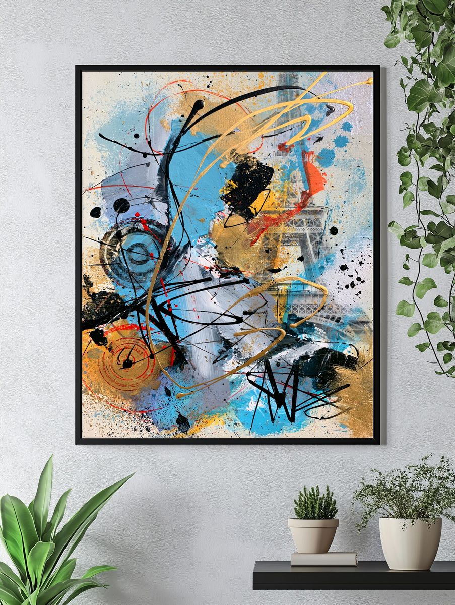 Blue Gold Abstract Expressionism Poster. — room view 4